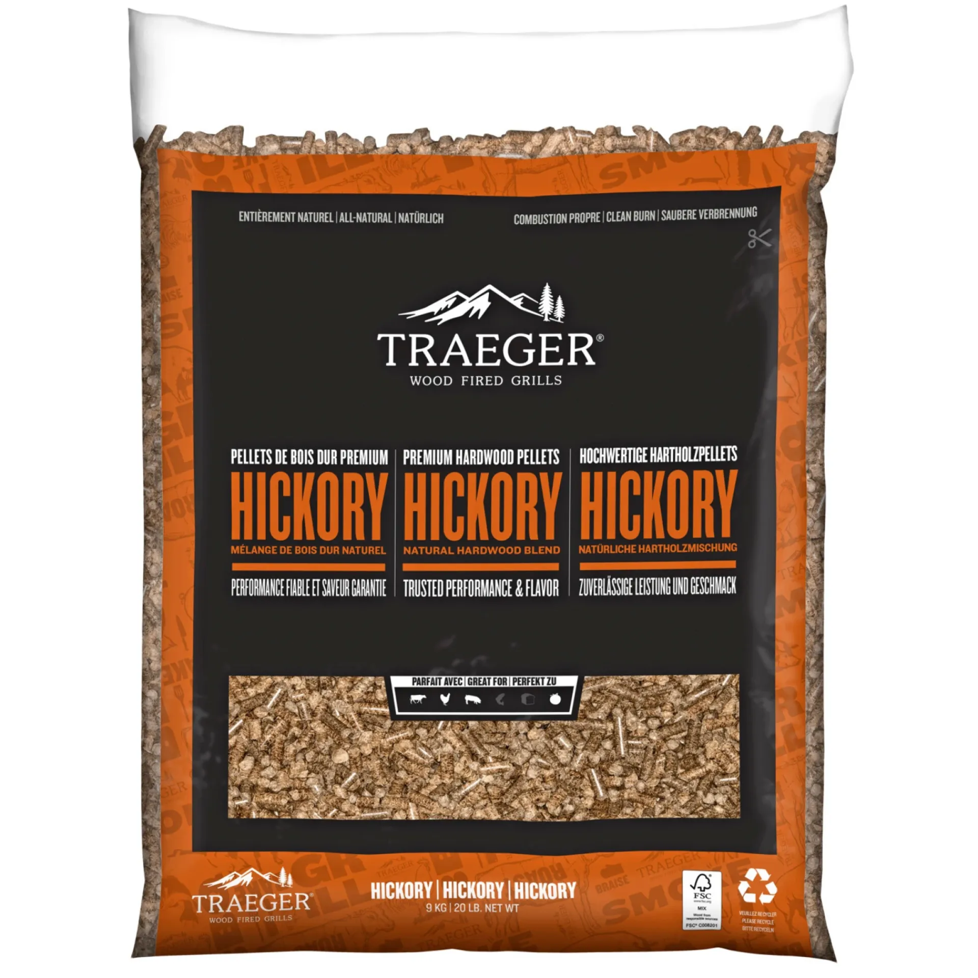 Traeger Grilltilbehør > HICKORY TRÆPILLER TIL GRILL 9 KG